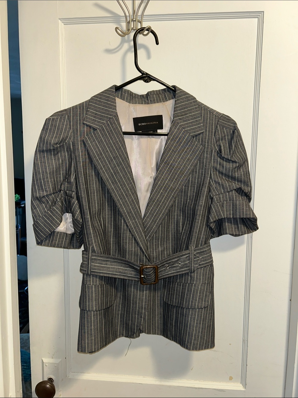 BCBGMaxAzria Gray Pinstripe Belted Short-Sleeve Blazer